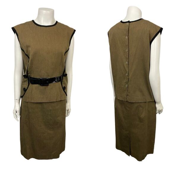 1960s Brown Belted Sleeveless Blouse Mod Dress Set / Women’s Medium * - Picture 3 of 6